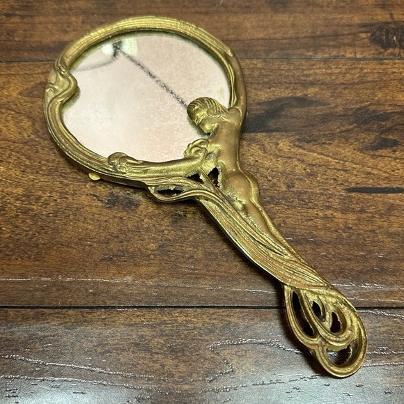 Art Nouveau Woman Figure Hand Mirror Brass Vanity Mirror Antique - Picture 2 of 7